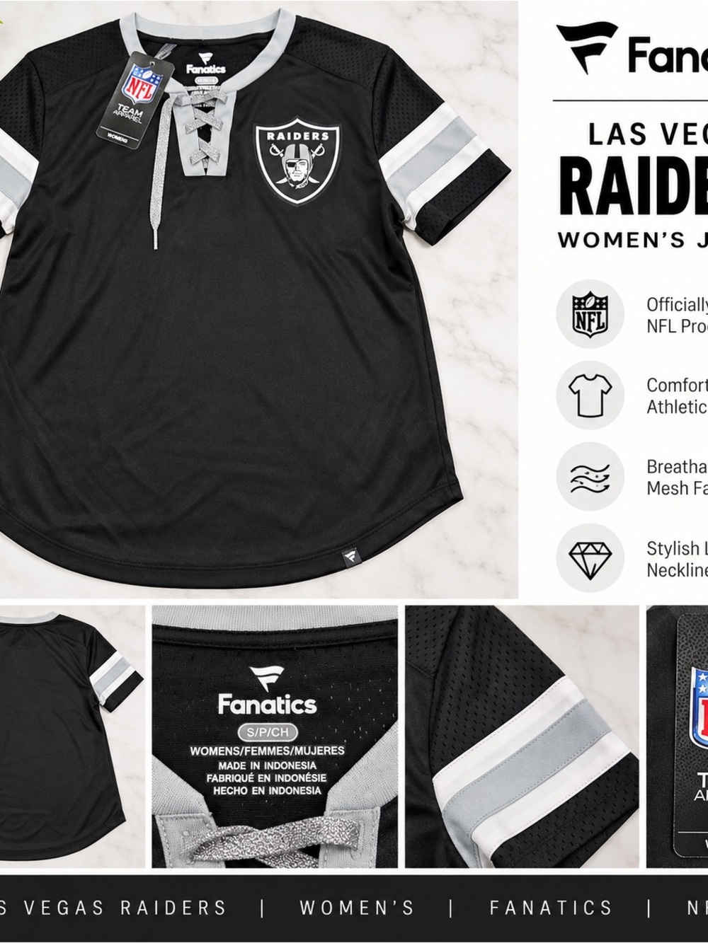 Fanatics Las Vegas Raiders Women's Black and Silver Lace-Up Jersey Small